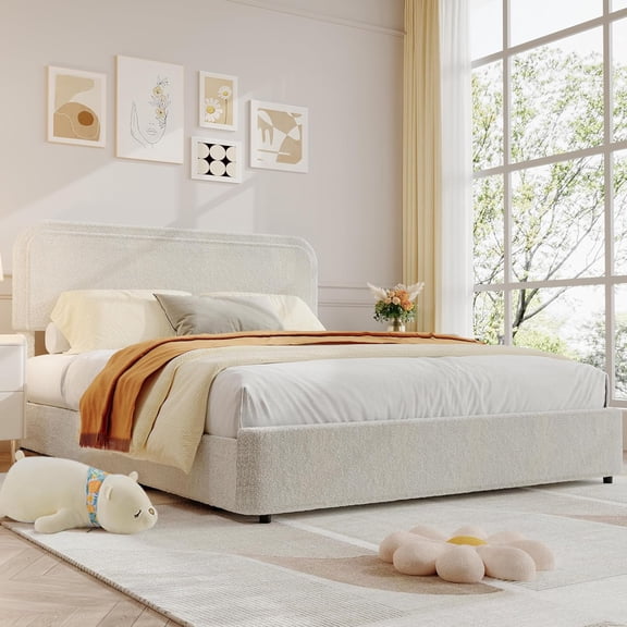 Full Bed Frame, Boucle Upholstered Bed Frame with Headboard, 2 Storage Drawers, Modern Full Platform Bed Frame, Beige Soft Bed, Wooden Slats Support, No Box Spring Needed