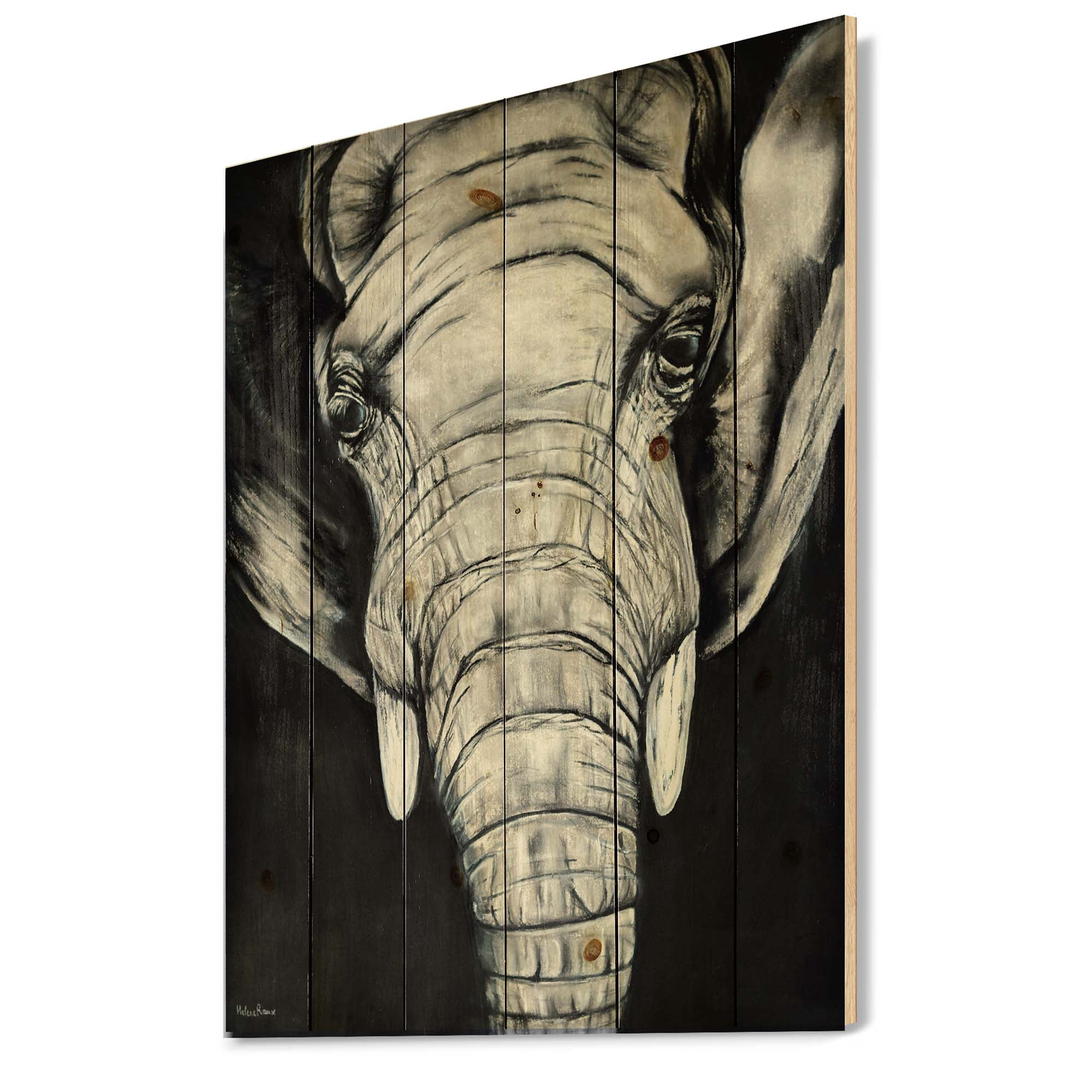 Designart 'The Close Up Portrait Of An African Elephant' Farmhouse Print on Natural Pine Wood