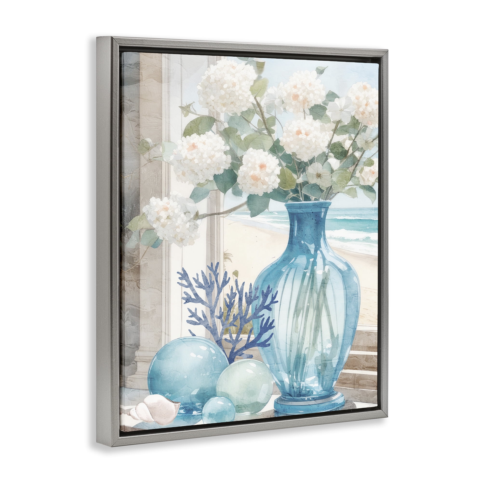 Stupell Industries Sea Glass & Coral Botanical & Floral Painting Gray Floater Framed Art Print Wall Art, 25 x 31