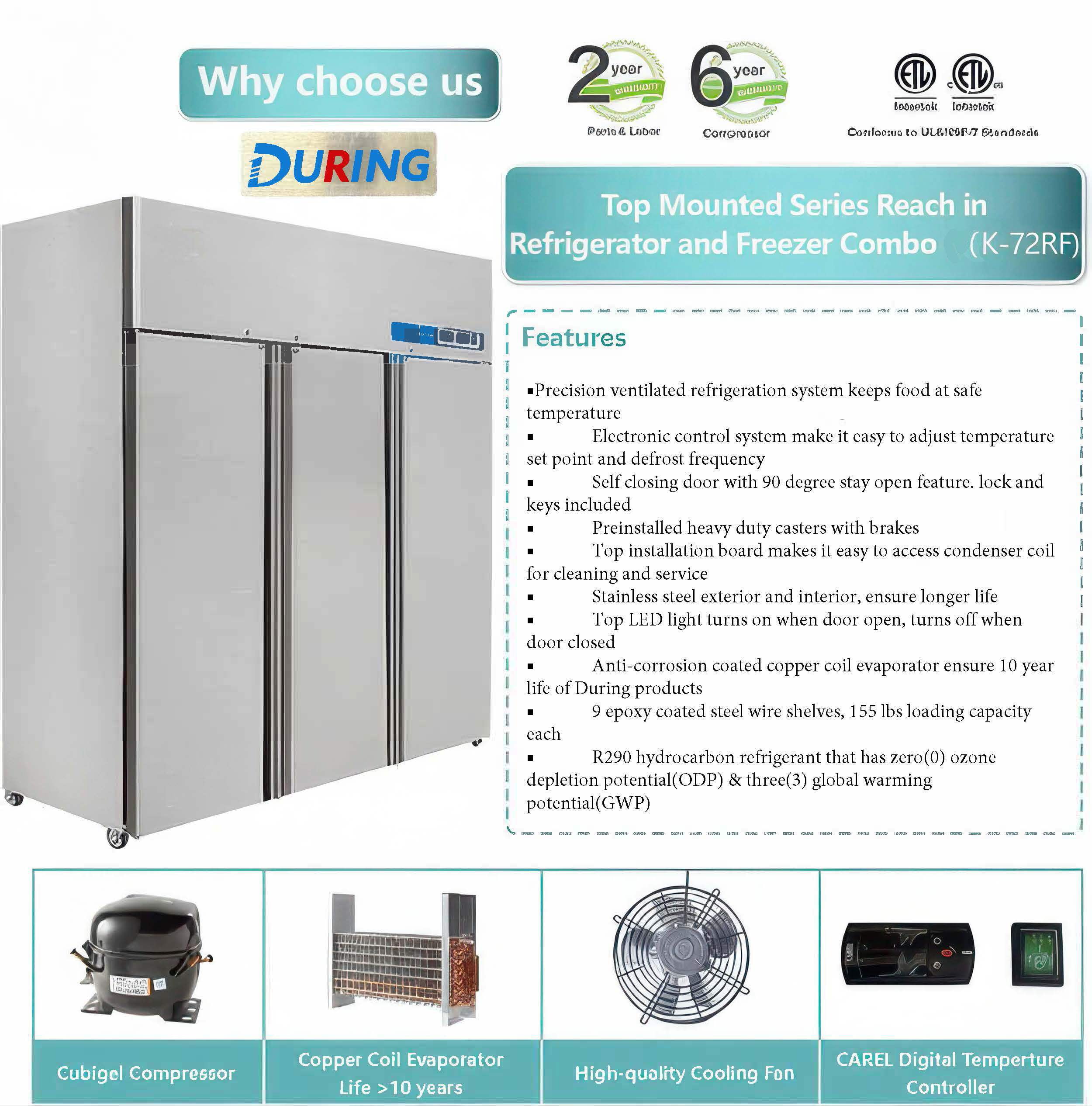 DURING D-K-72RF 72" Commercial Refrigerator Freezer Combo, 3-Door Solid Door Reach-In, 54 Cu.ft Upright Fridge Freezer