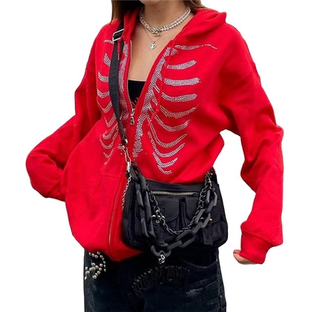 Sudadera con Capucha y Cremallera para Mujer, con Estampado de Calaveras de Gran Tamaño, Chaquetas Informales de Moda de Otoño e Invierno Rojo S