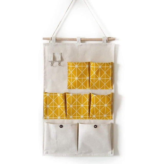Bolsa de almacenamiento colgante, organizador de lino y algodón para colgar en la puerta, 7 bolsillos