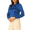 thumbnail image 4 of INSPIRE CHIC Women's Bow Tie Neck Solid Long Sleeve Satin Blouse Tops XS Royal Blue, 4 of 5