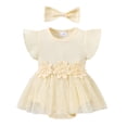 thumbnail image 2 of Infant Ribbed Romper Dress with Skirt 3D Floral Waist Detail Short Flutter Sleeves Cute Summer Outfit Beige 6-9 Months, 2 of 8