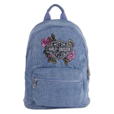 Harley-Davidson Women's Embroidered Bar & Shield Rose Denim Backpack, Wash Blue, Harley Davidson
