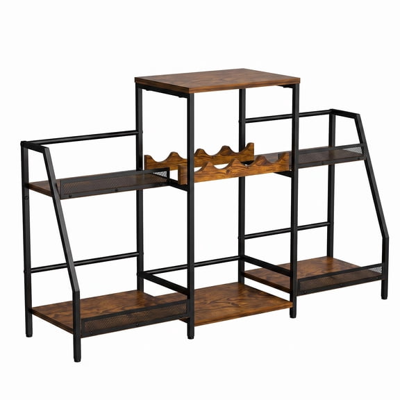 BouPower Industrial Wine Bar Cabinet with Storage, 45 Inch Wide Liquor Cabinet with 4-Bottle Wine Rack and Glass Holder, Rustic Brown