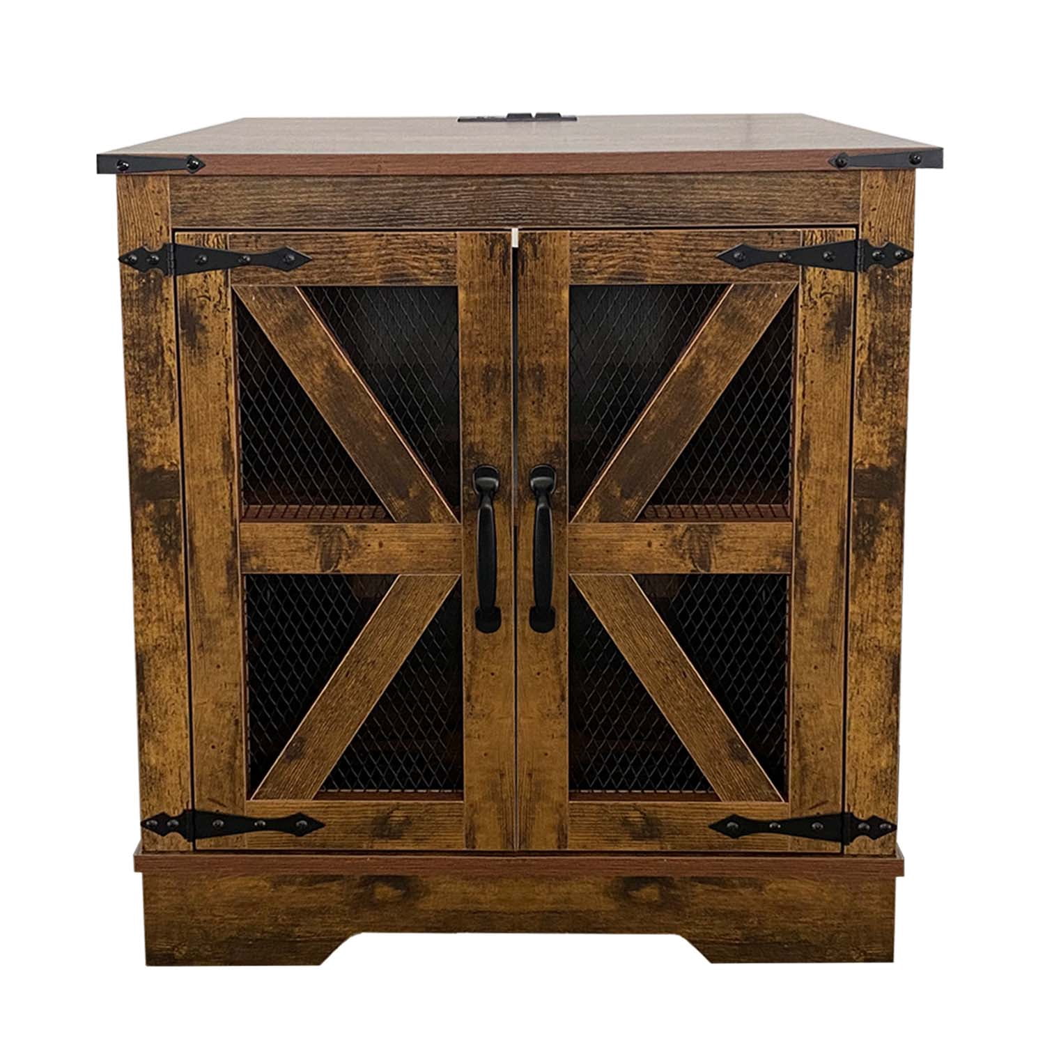 Farmhouse End Table with Charging Station, Nightstand with 2 Outlets & 2 USB Ports, Vintage Industrial Side Table,Brown