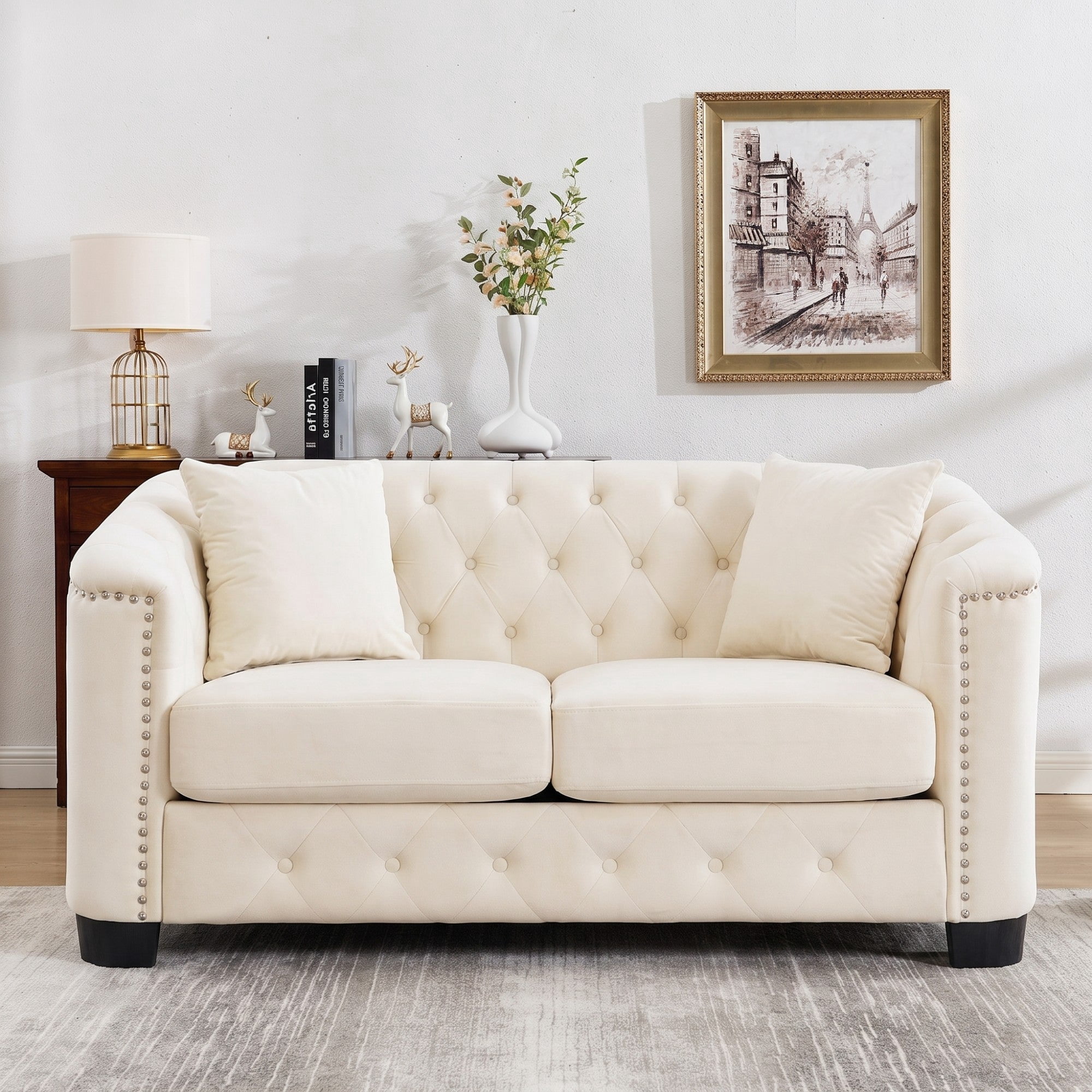 Sailvan 77" Modern Chesterfield Velvet Sofa, 3-Seater Tufted Upholstered Couch with Nailhead Trim & 2 Pillows for Living Room, Office Beige