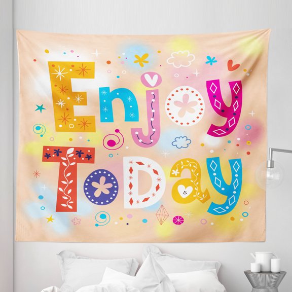 Wording Tapestry, Enjoy Today Words Typography Ornamented with Doodle Stars Hearts Clouds Flower, Fabric Wall Hanging Decor for Bedroom Living Room Dorm, 5 Sizes, Multicolor, by Ambesonne