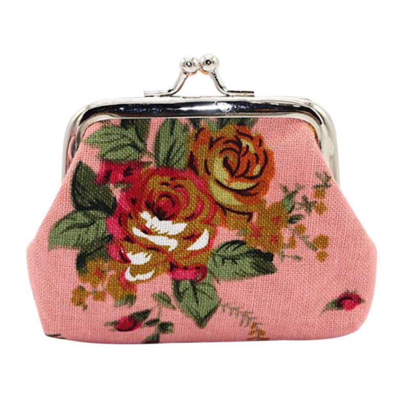 Vintage Rose Floral Small Clasp Wallets Kiss Lock Coin Purses Retro Credit Cards Change Pouch Womens Mini Purse