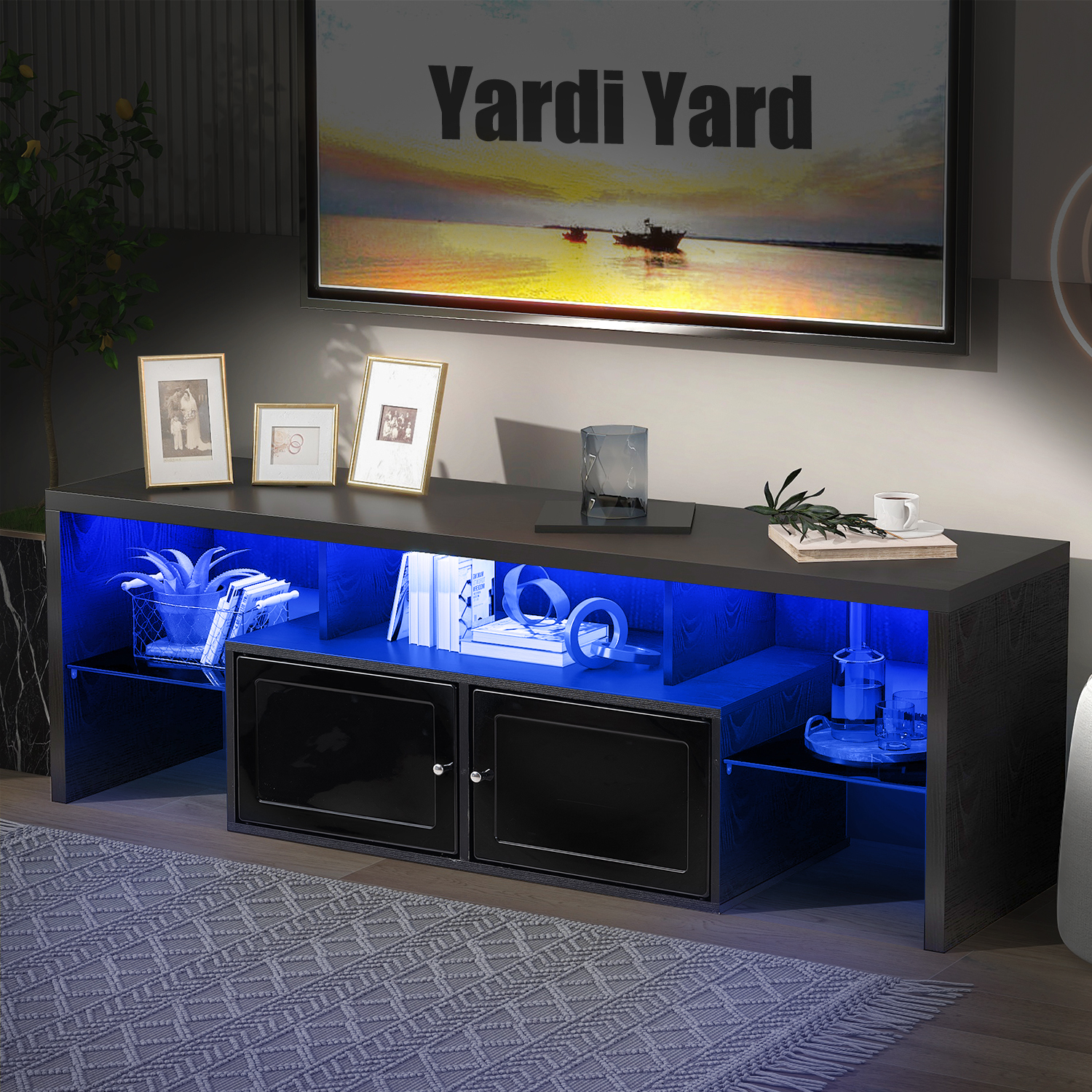 Yardi Yard MidCentury Wood LED TV Stand for TVs up to 65", Black