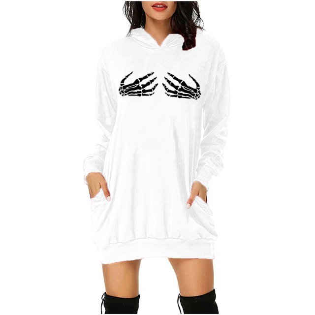 Vestido de sudadera corto con bolsillos con capucha y estampado de Halloween para mujer informal a la moda Pompotops hdfakjf70