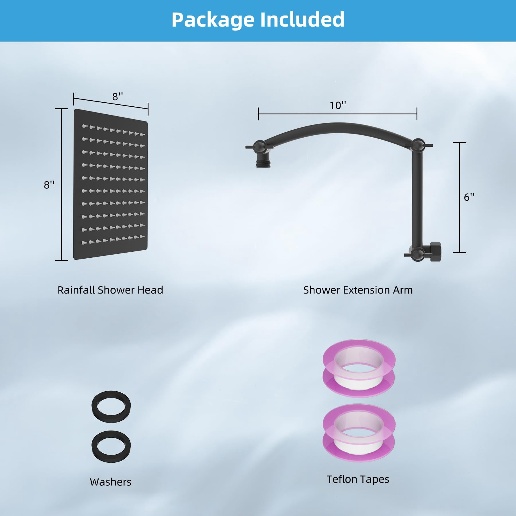All Metal Rain Shower Head  8'' High Rainfall Showerhead With 16" Extension Arm Solid Brass Adjustable Extender Waterfall Fixed Showerheads Matte Black