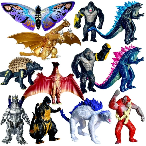Set of 12 Monster Dinos x Kong: The New Empire, Dinosaur Dragon Toys Action Figures, Evolved Basic Exquisite Battle Roar B.E.A.S.T. Glove Shimo Frost Bite Mecha King Ghidorah Cake Toppers Pack