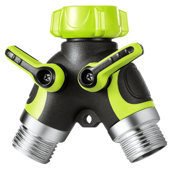 YNXGR Garden Hose Splitter, 2 Way Heavy Duty Water Hose Y Spigot Splitter with Shutoff Valves, 100% Metal Body Outdoor Faucet Splitter, 1.9" Extra Long Metal Handle, 3/4" GHT Thread(Green)