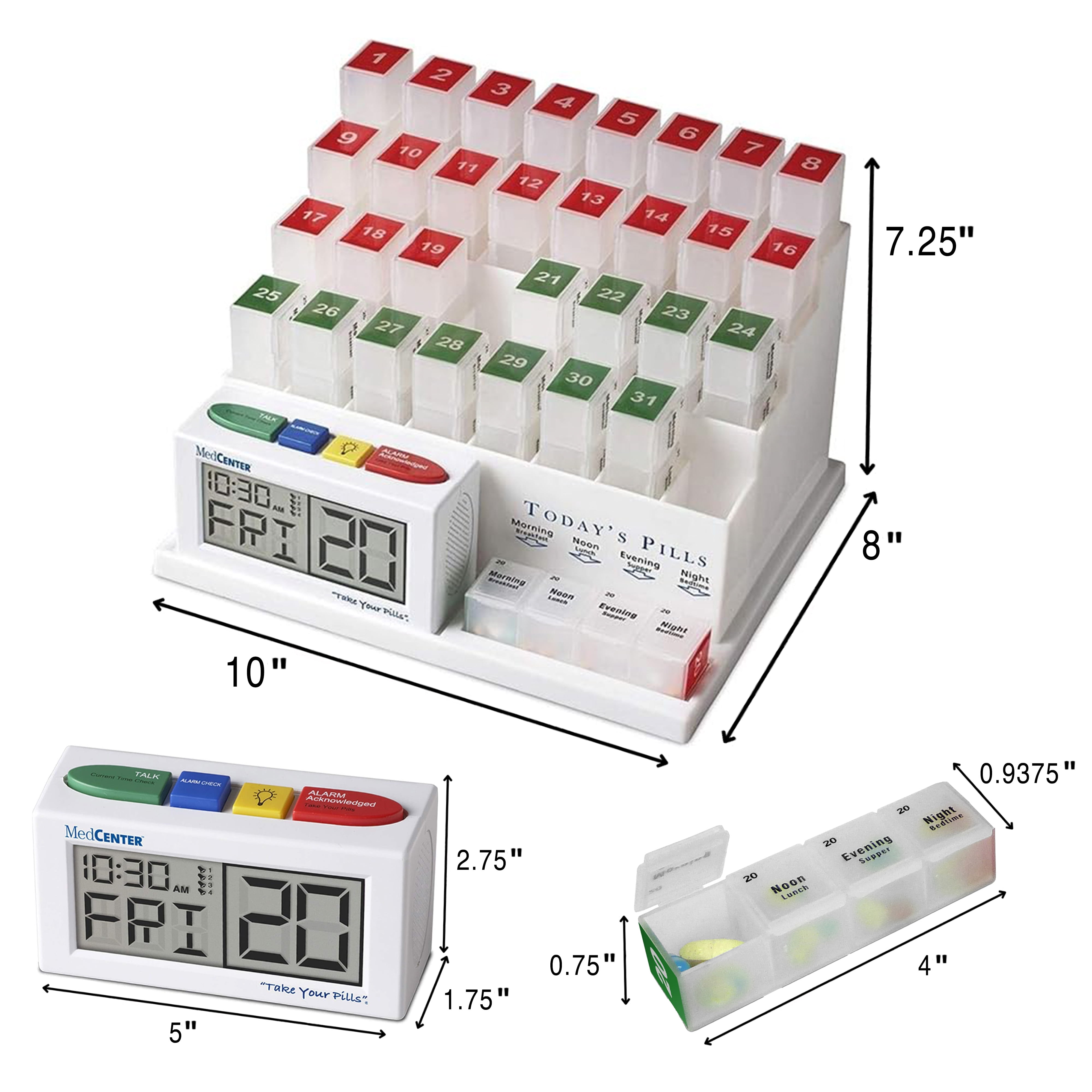 Medcenter 31-Day Pill Organizer with 4 Compartments and Alarm Clock – for Medications and Vitamins