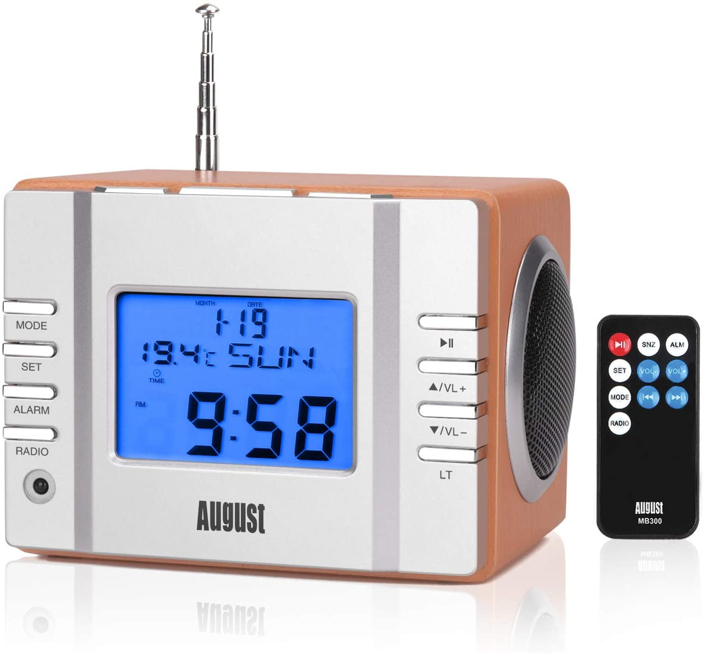 August MB300 Mini Wooden MP3 Stereo System and FM Clock Radio, with