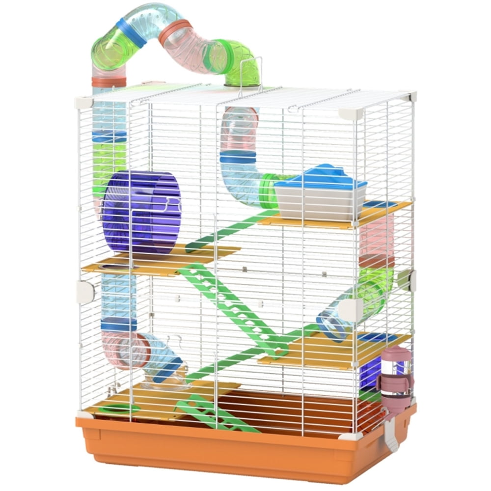 5 Level Hamster Cage with 2 Doors , Food Dish and Water Bottle for Small Animals, Orange