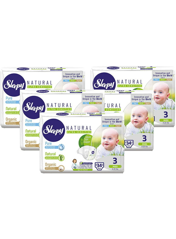 Sleepy Natural Diapers Size 3 Plus - Organic Diapers Highly Absorbent and Hypoallergenic Bamboo Baby Diaper for Girls and Boys - Disposable Diapers 160 Count - Size 3 Diapers, Child Weight 11-22 lbs