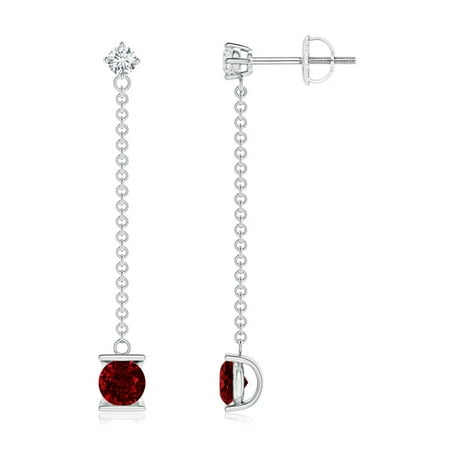 18k Wg Ruby - July Birthstone Earrings - Yard Chain Diamond and Ruby Drop Earrings in 14K White Gold (4mm Ruby) - SE1092RD-WG-AAAA-4