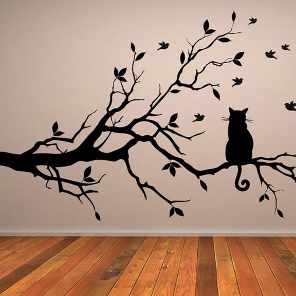 Cat On The Tree Branch Wall Sticker Birds Home Decor Living Room Waterproof Kitchen Nursery Wall Decals 29x44cm