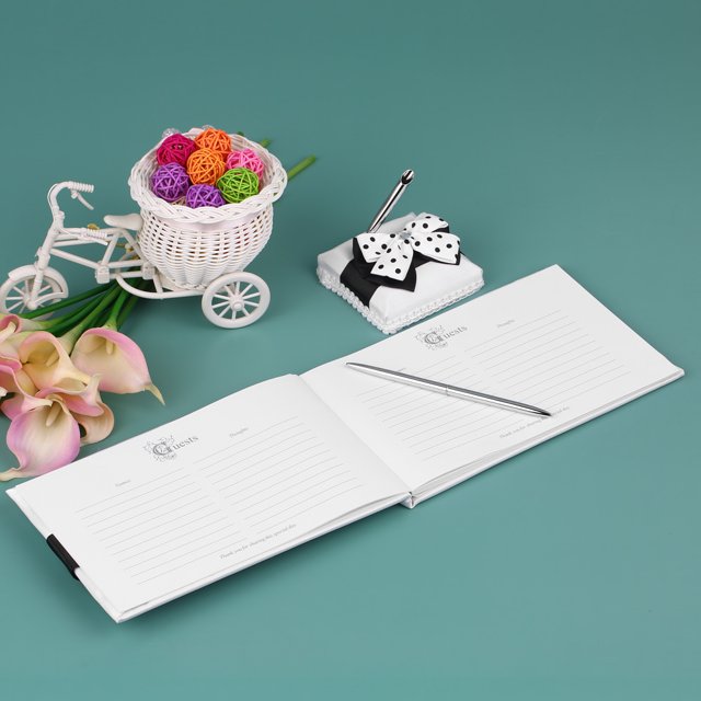 Juego de soporte para bolígrafo y Libro de firmas leyfeng con fuelle de boda de satén decoración de lazo blanco y negro