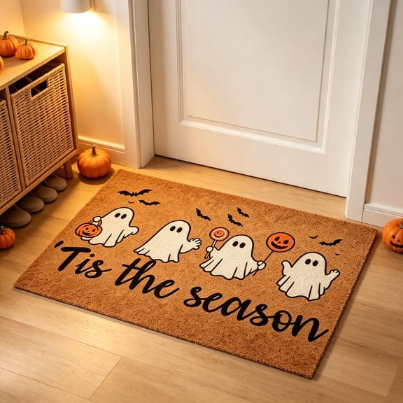Halloween Ghost Doormat, Brown Crystal Velvet Entry Rug, Backing, Textured Scraping Mat for Front Door, Porch, Patio and Mudroom Decor
