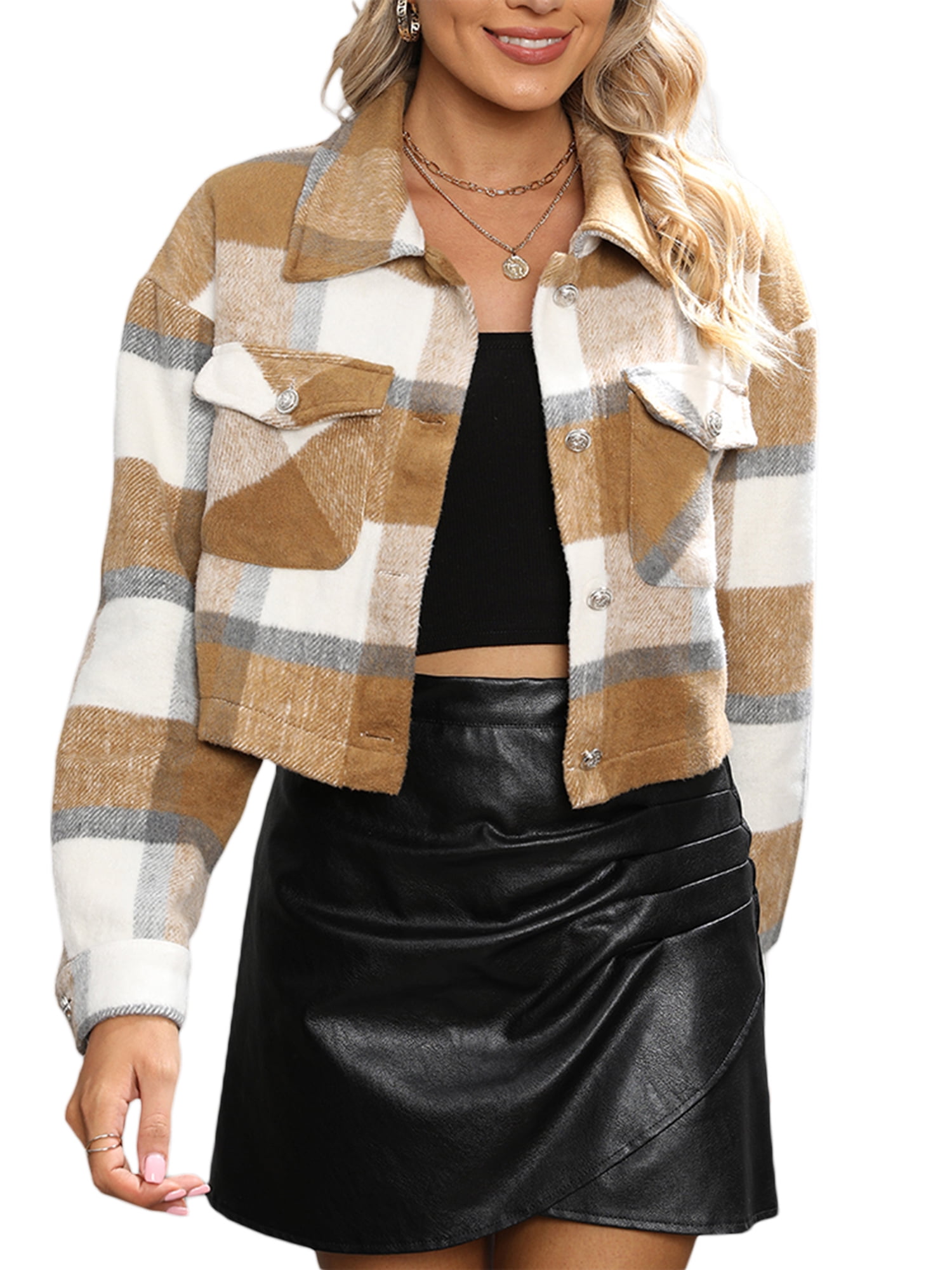 Licupiee Womens Casual Cropped Plaid Shacket Long Sleeve Lapel Button