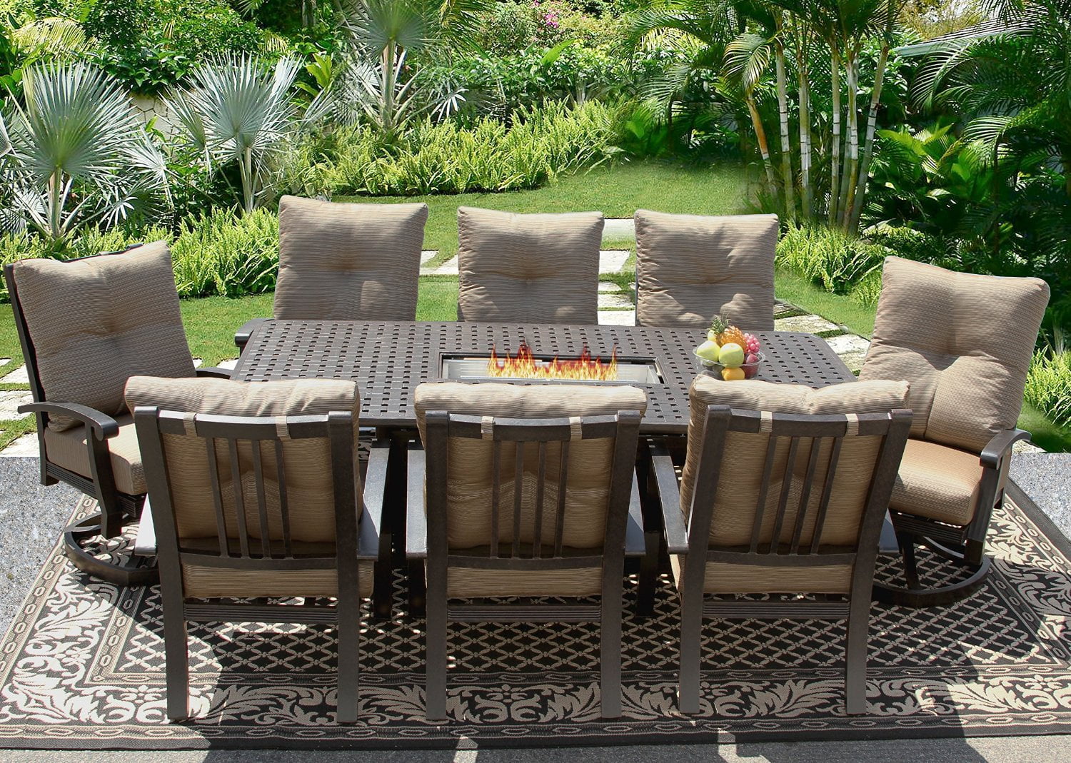 42x84 Rectangle Outdoor Patio 9pc Dining Set Seats 8 with Fire Table