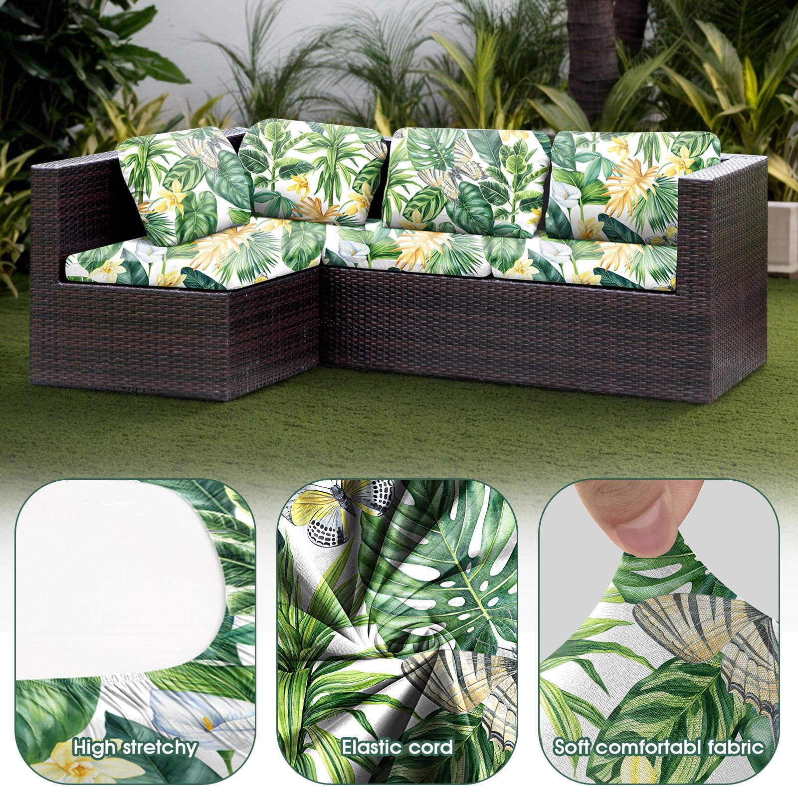 Patio Stretch Sofa Cushion Covers Outdoor Cushion Cover Replacement Couch Slipcover Sofa Seat Cover(Black, 6pcs)
