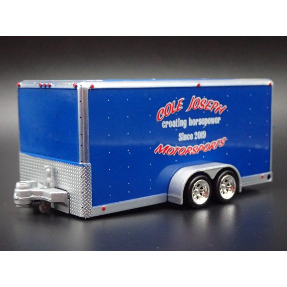 (Open Box) ENCLOSED CAR HAULER TRAILER w/ OPENING DOOR BLUE 1:64 SCALE DIORAMA MODEL