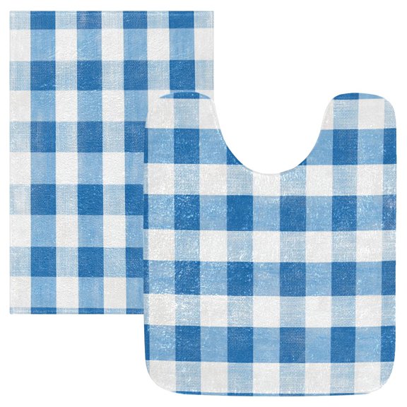 2 Piece Soft Bathroom Rug Set Blue and White Checkered Pattern Bath Mat and U-Shaped Toilet Contour Rug (16"x24" 20"x24")