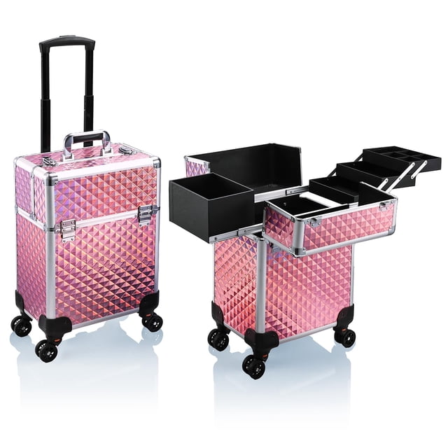 Stagiant Estuche de tren de maquillaje con ruedas Maleta de cosméticos grande Carro Maquillaje Caja de almacenamiento de equipaje 4 bandejas con riel deslizante Ruedas giratorias de capa media extraíb