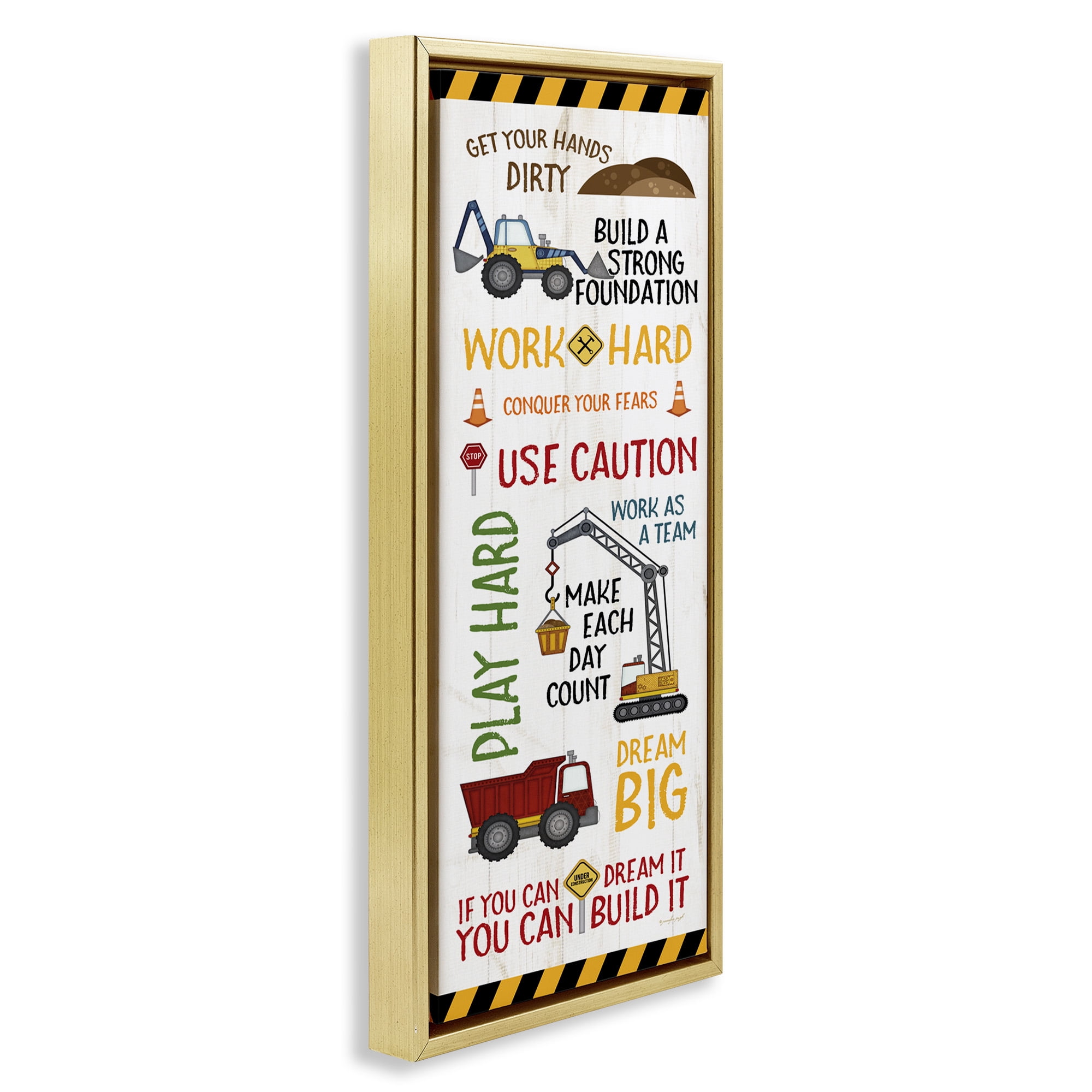 Stupell Industries Kids' Construction Zone Vehicles Transportation Painting Gold Floater Framed Canvas Art Print Wall Art, 11 x 25