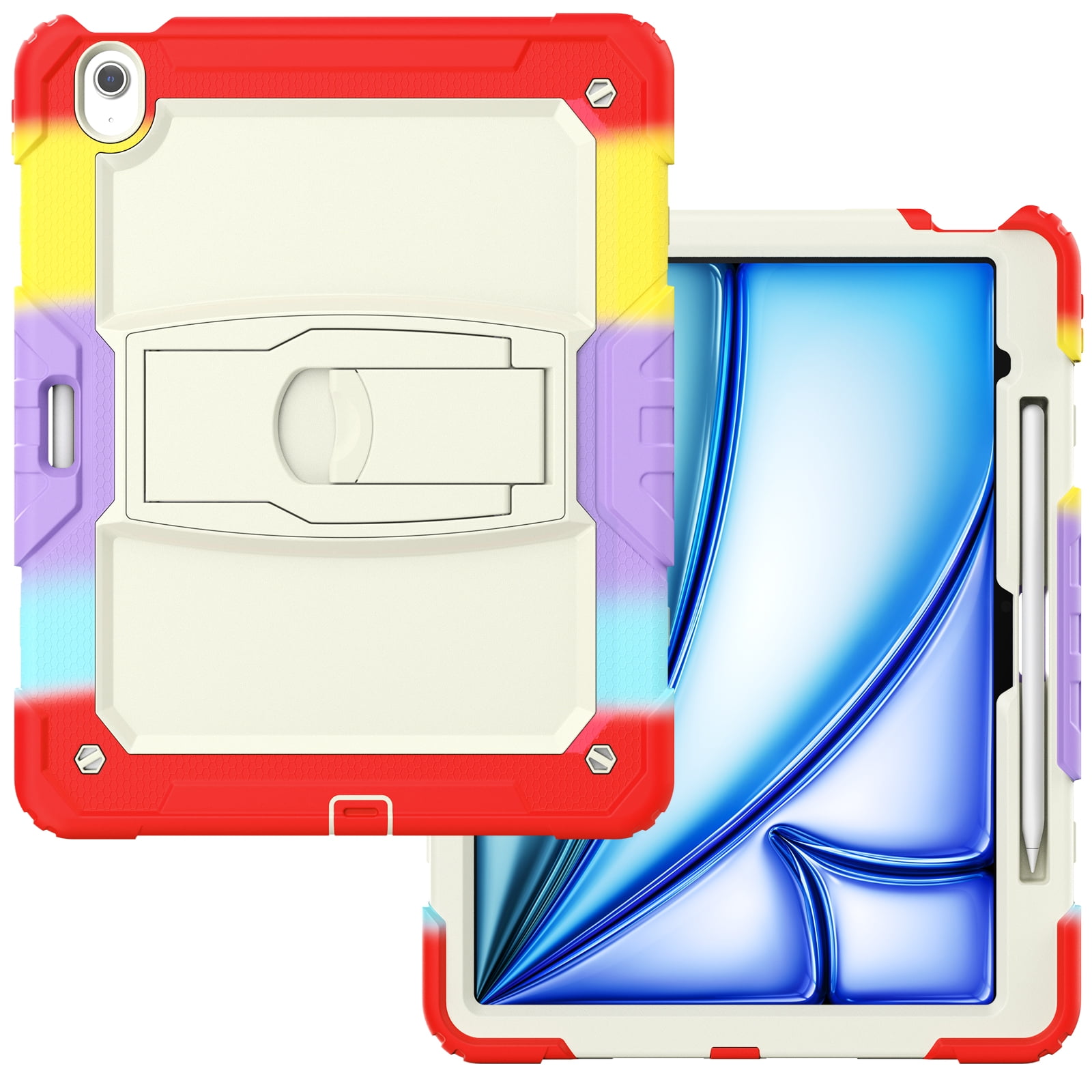 Rugged Case For Apple iPad Air 13 (2024) – 3-Layer Protection Shockproof Stand Cover with Screen Protector, Adjustable Stand, Shoulder Strap, & Pencil Holder -- Colorful Red