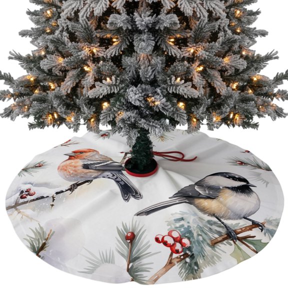 Christmas Bird Christmas Tree Skirt 36 Inches, Watercolor Green Pine Tree Leaves Xmas Trees Skirt Mat Cover Decorations for Holiday Party Indoor Outdoor
