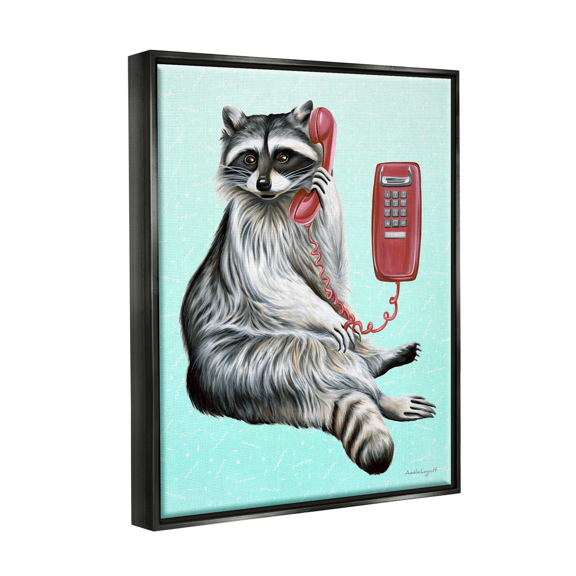 Stupell Industries Raccoon Lounging Cord Phone Vivid Turquoise Background Graphic Art Jet Black Floating Framed Canvas Print Wall Art, Design by Amelie Legault