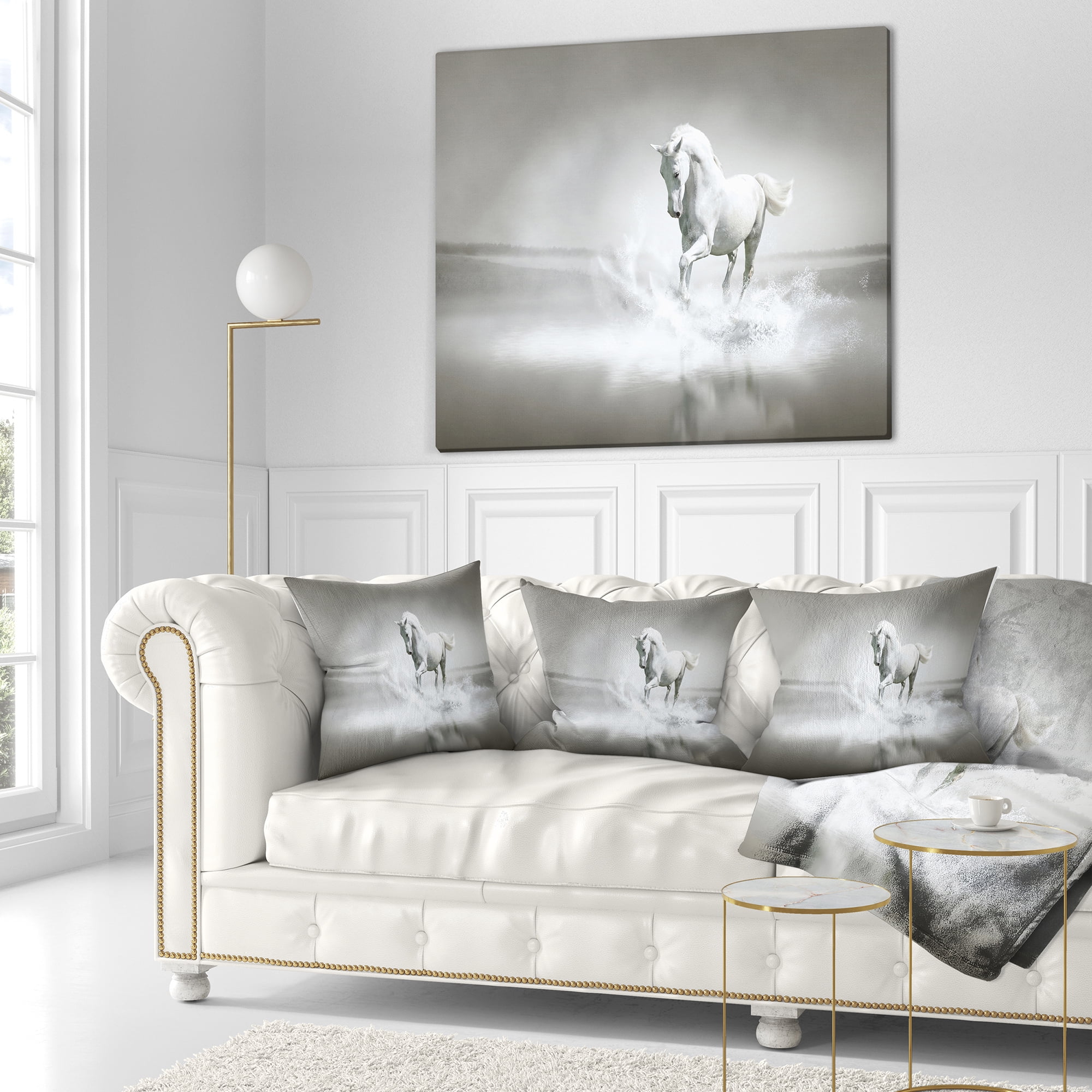 Designart White Horse Running in Water - Animal Throw Pillow - 16x16