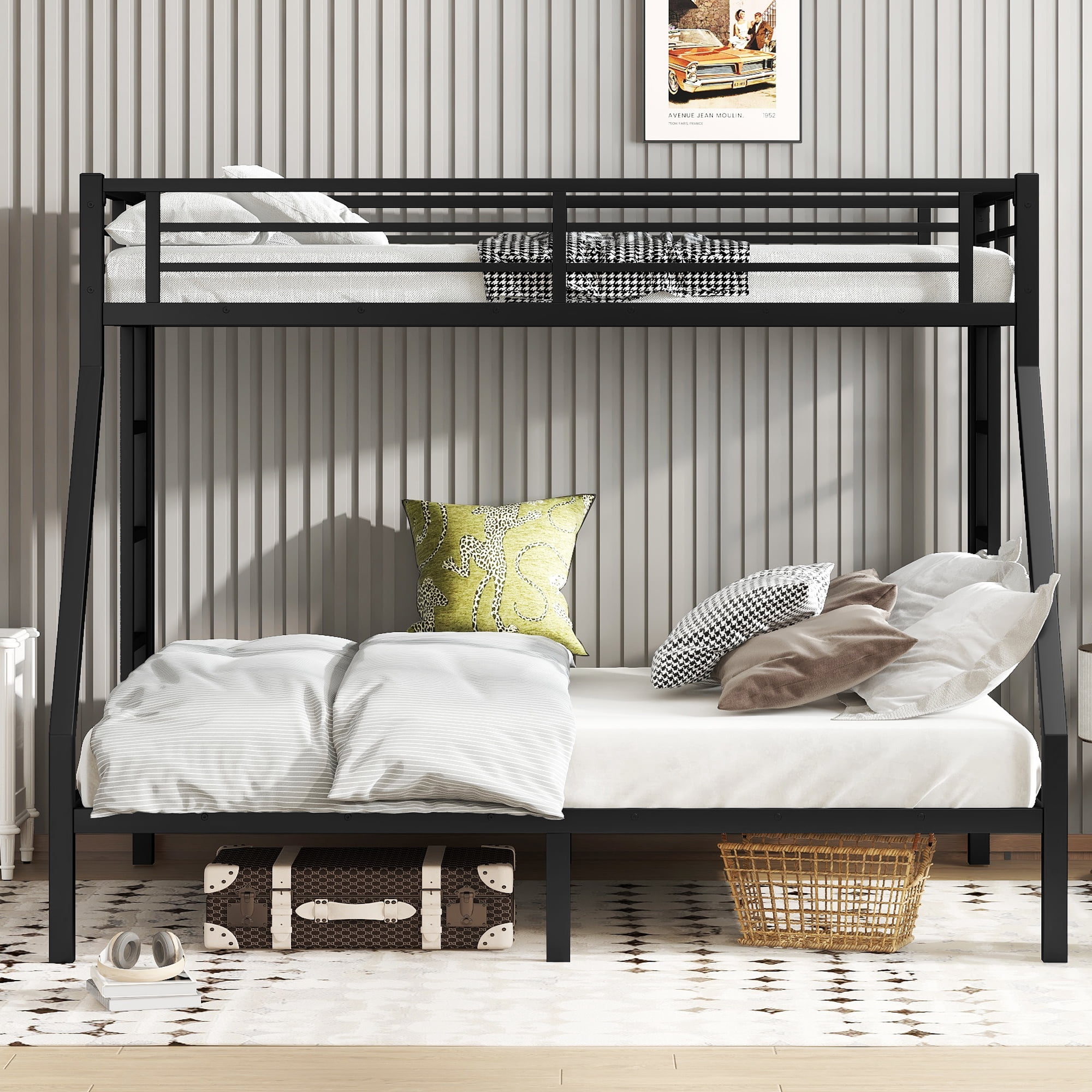Metal Bunk Bed, Twin XL Over Queen Bunk Bed, Space-Saving Bed Frame with Noise Reduced Design and Safety Guardrails, No Box Spring Needed, 300LBS/600LBS Capacity, Black