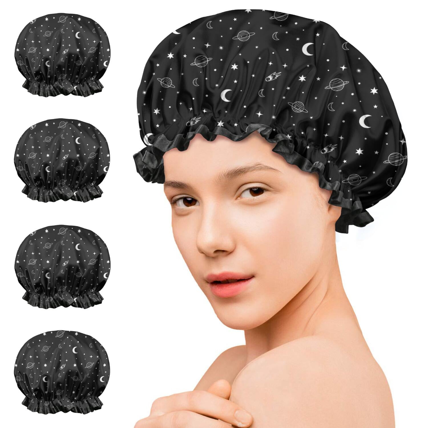 Shower Caps,Black White Star Moon Planet Comet Pattern Waterproof Shower Cap for Women 4 Pieces,Double Reusable Hair Cover for Shower PEVA Elastic Stretch Hem