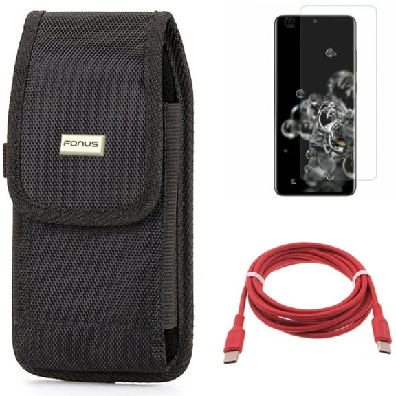 Case Belt Clip w Red 6ft Long Cable w Screen Protector for Samsung Galaxy S20 Ultra - Rugged Holster Canvas, USB-C to Type-C PD Fast Charger Cord, Tempered Glass [Fingerprint fits Galaxy S20 Ultra