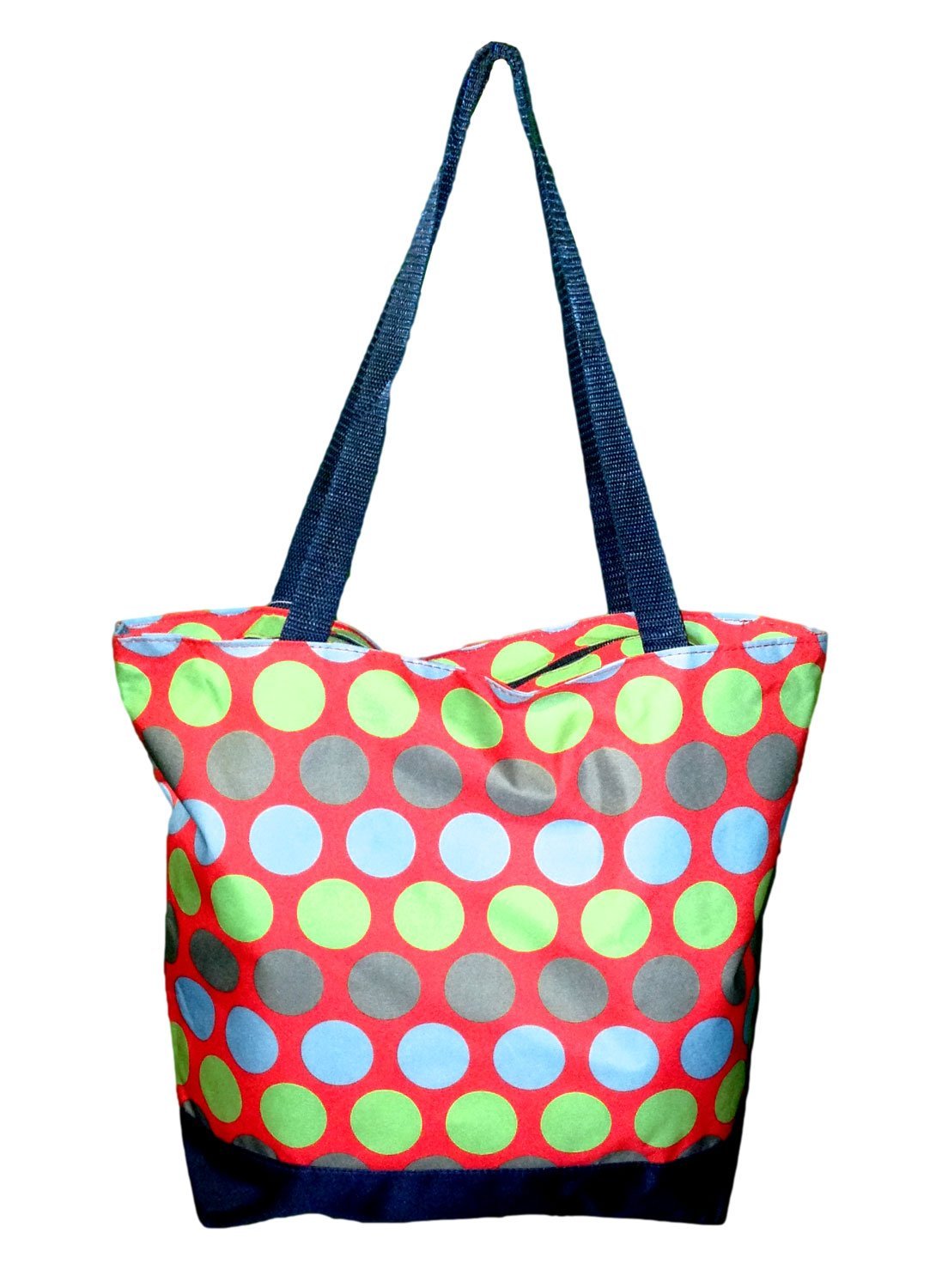 Medium Sized Dot Print Zipper Top Beach Tote Bag Multi Dots Red