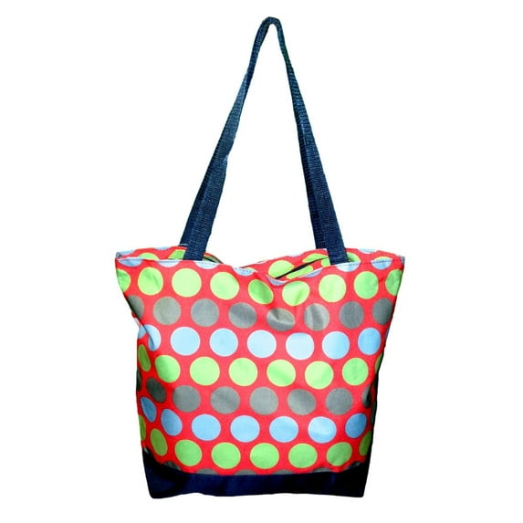 Medium Sized Dot Print Zipper Top Beach Tote Bag Multi Dots - Red