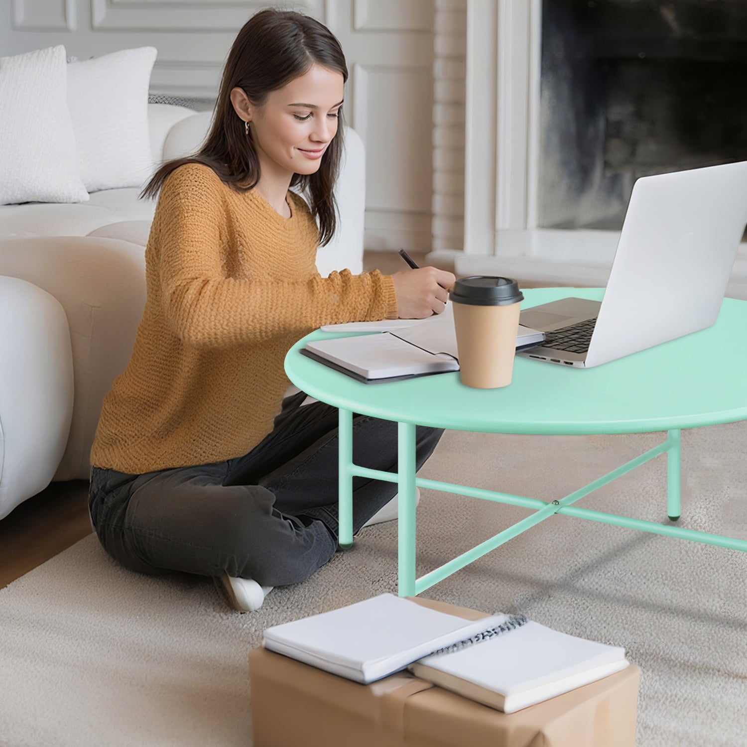 CERBIOR Patio Round Steel Coffee Table, Weather Resistant Anti-Rust and Waterproof Indoor and Outdoor Large Side Table, for Garden Living Room Bedroom Balcony (Mint Green)