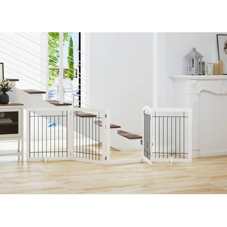 PAWLAND 96-inch Extra Wide 30-inches Tall Dog gate with Door Walk Through, Freestanding Wire Pet Gate for The House, Doorway, Stairs, Pet Puppy Safety Fence, Support Feet Included(White)