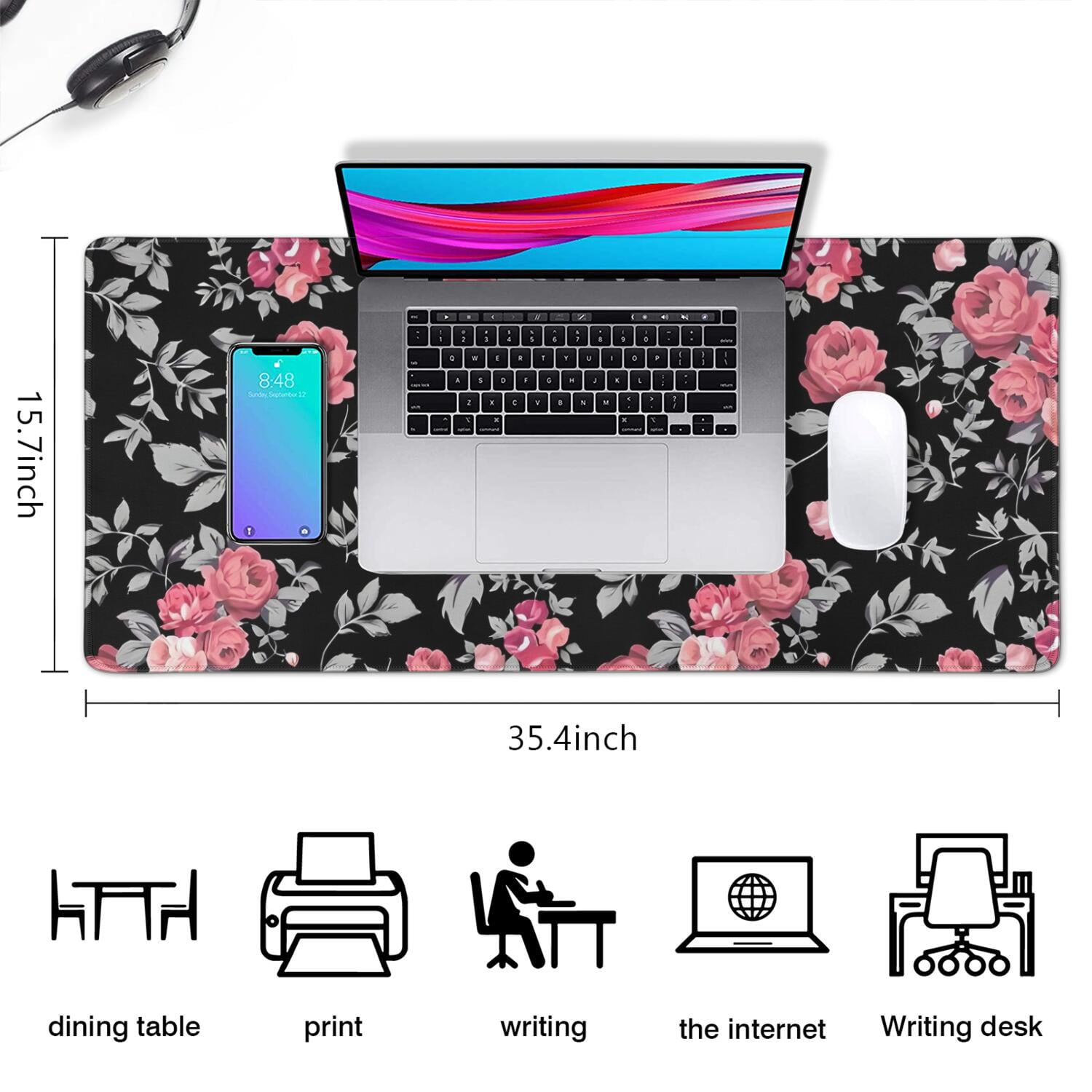 Long Mouse Pads for Desk,Pioneer Flower Floral Print Pattern Desk Mats on Top Of Desks, Desk Mouse Pad Extra Large with 3mm Non-Slip Base and Stitched Edge for Gaming,Office,Work,Home 35.4"x15.7"