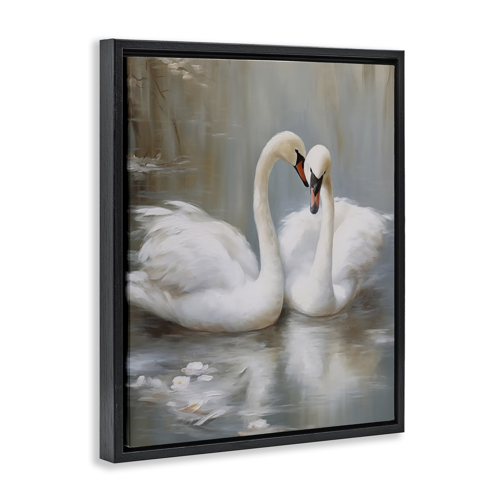 Stupell Industries Kissing Swans on Pond Animals Painting Black Floater Framed Canvas Art Print Wall Art, 25 x 31