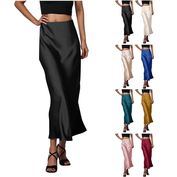 DYTTDG Women's Satin Maxi Skirt | High Waist Elastic Waist Long Skirt, Solid Color Flowy Ankle-Length Midi Skirt for Casual & Party