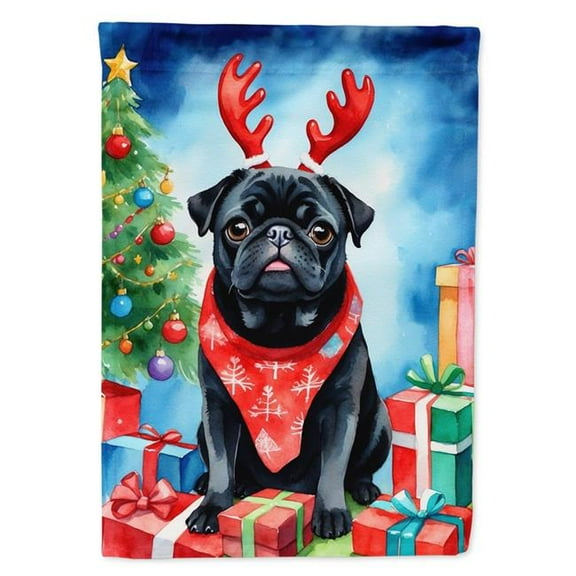 Black Pug Christmas Reindeer Garden Flag