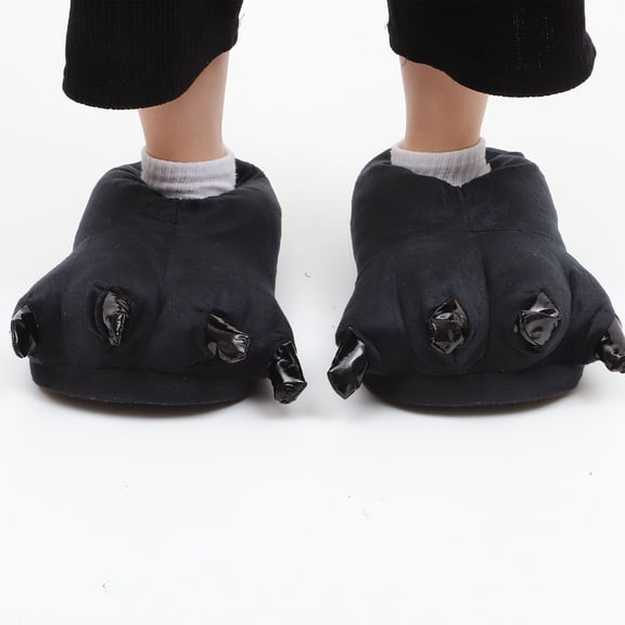 LOLIPPYY Cozy Black Warm Slippers for Winter with NonSlip Soles and Charming Animal Claw Design, PU Material